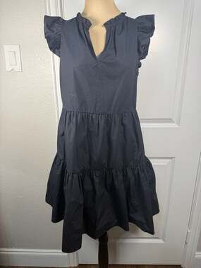 A Loves A Black Tiered Poplin Dress Ruffle Cap Sleeve V-Neck Size S